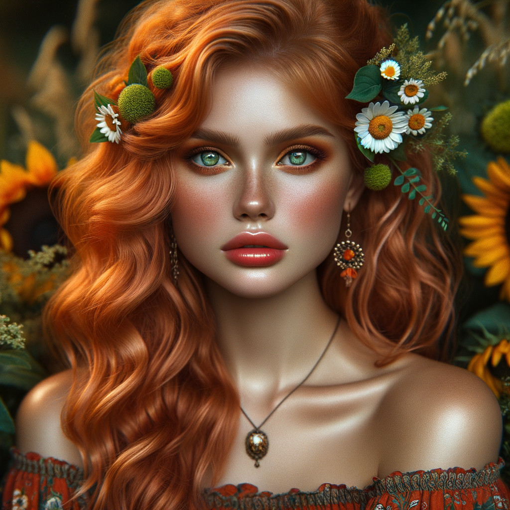 Captivating Woman with Red Hair in Floral Setting