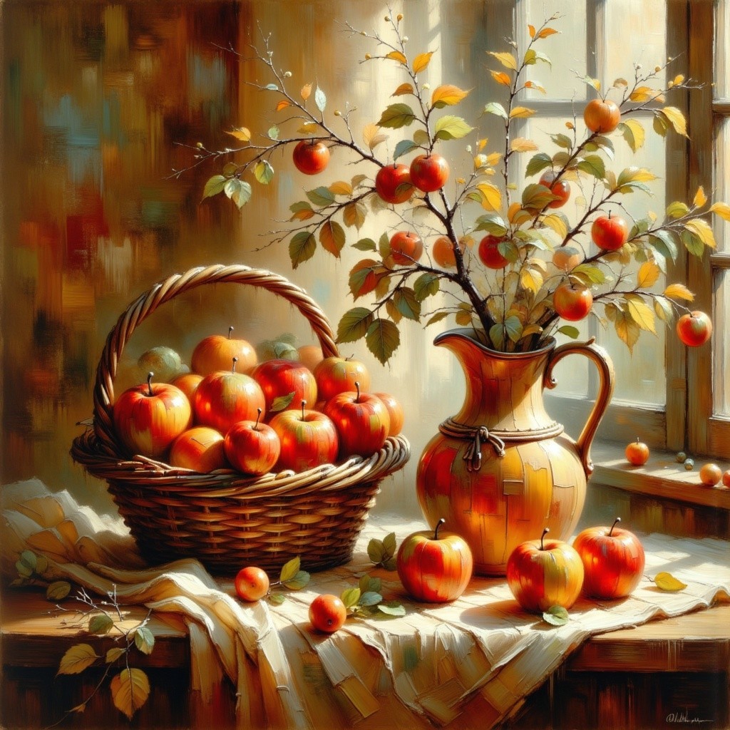 Rustic Still Life with Apples and Terracotta Pitcher