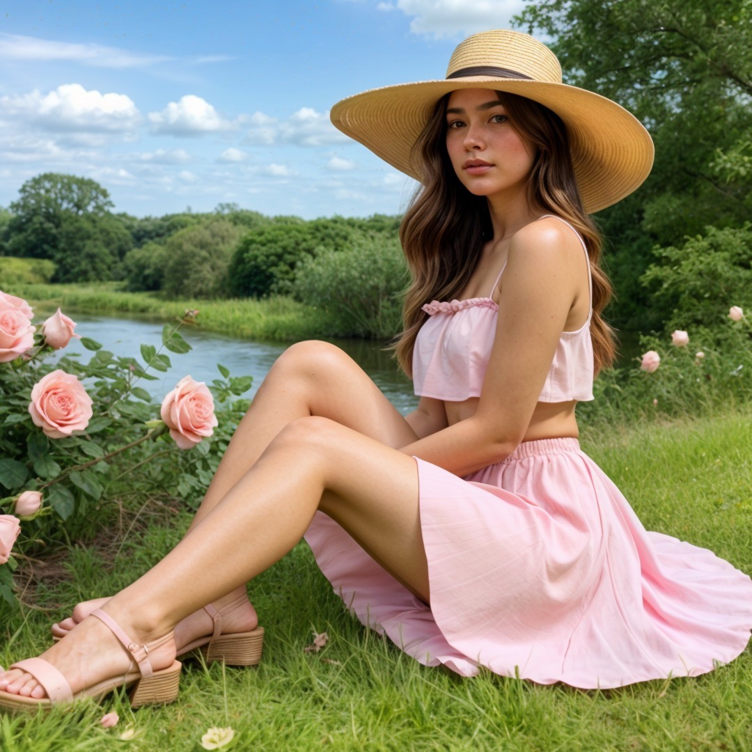 Young Woman by Riverside with Pink Roses and Hat
