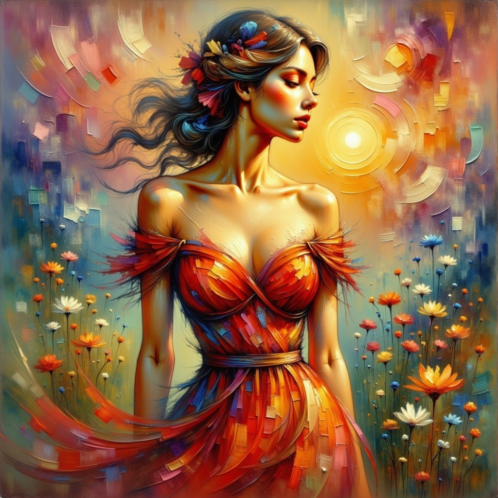 Woman in Orange Gown Surrounded by Flower Field