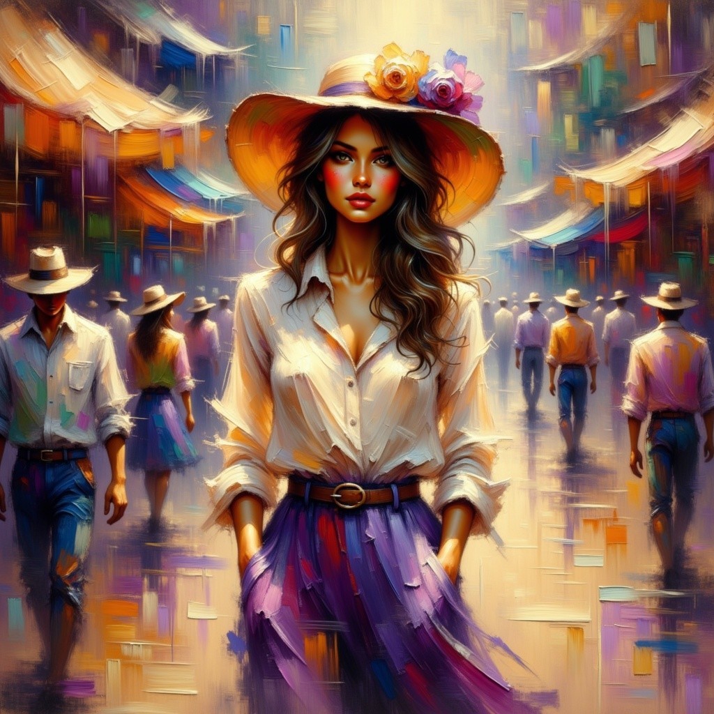 Impressionistic Scene of Woman in Vibrant Marketplace