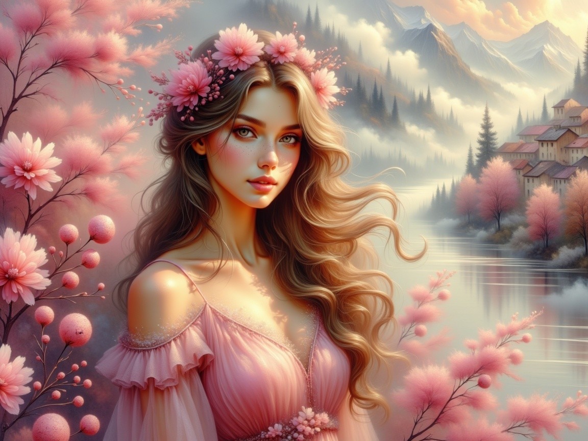 Woman in Pink Dress Amid Cherry Blossoms and Mountains