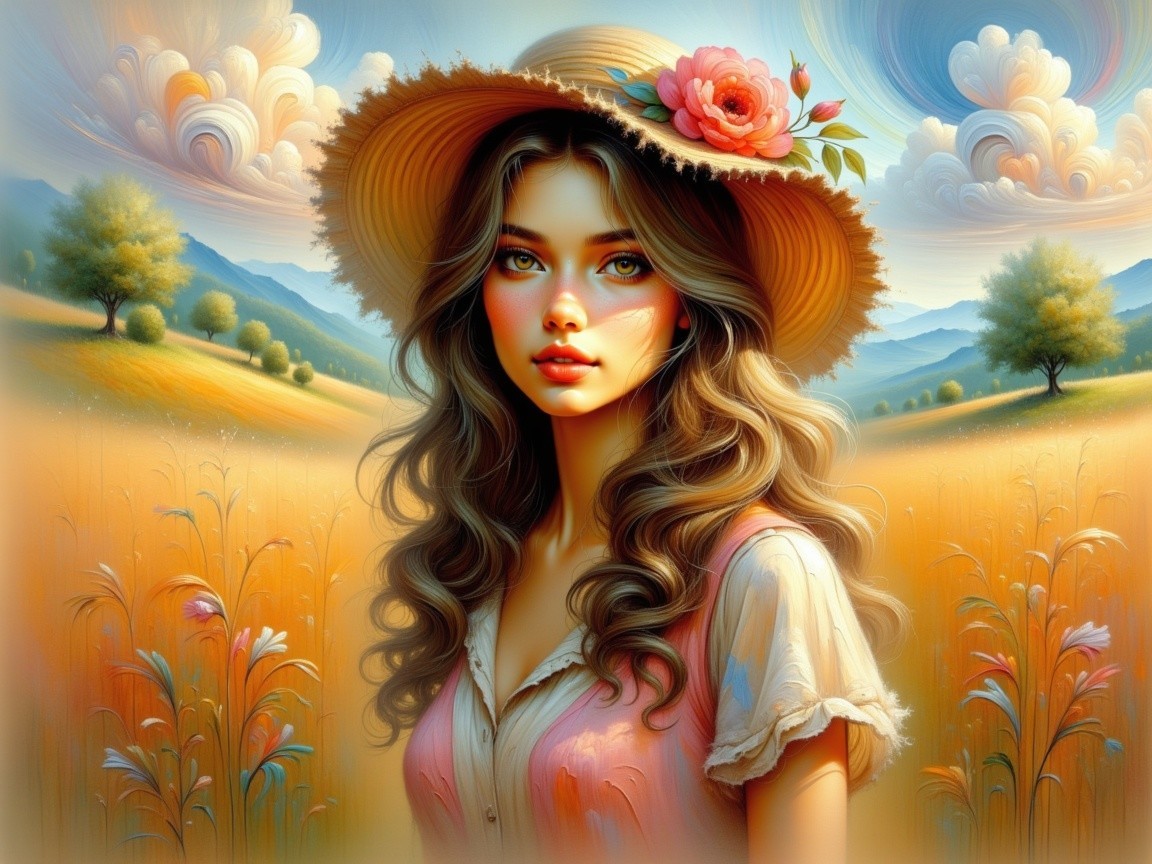 Young Woman in Straw Hat in Golden Field