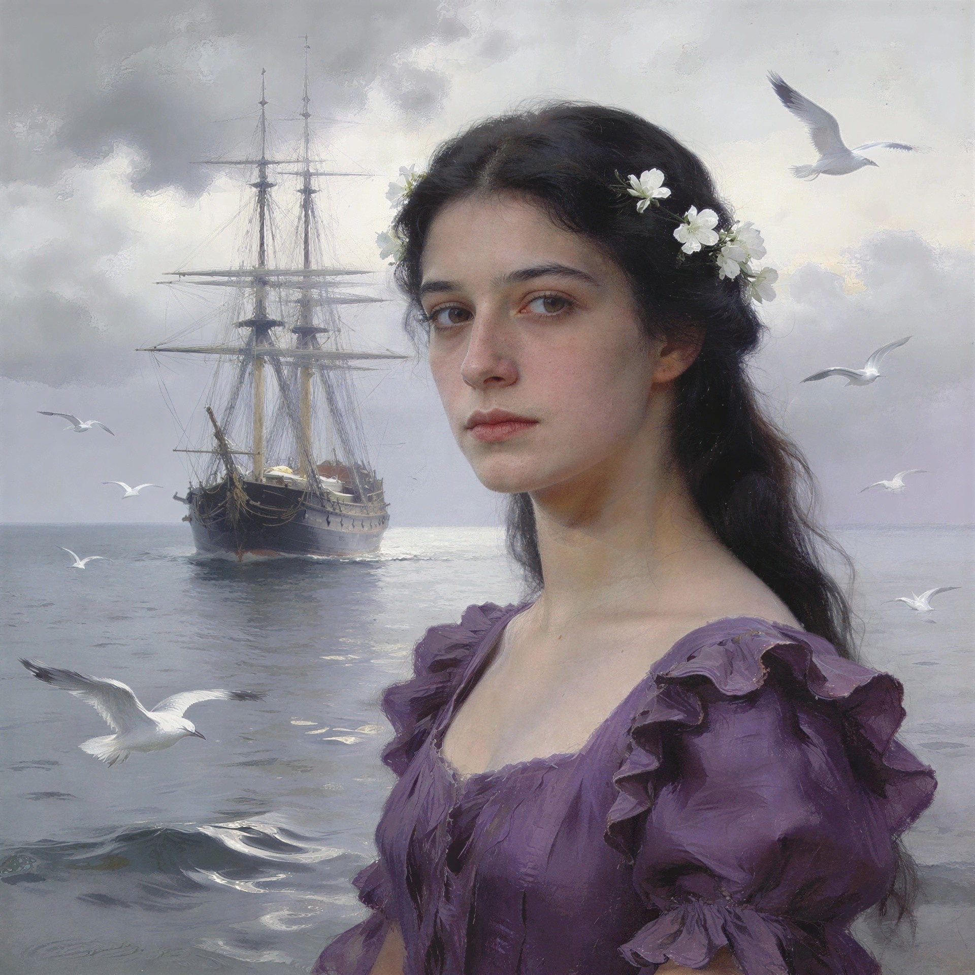 Classic Oil Painting of Mournful Woman by the Sea