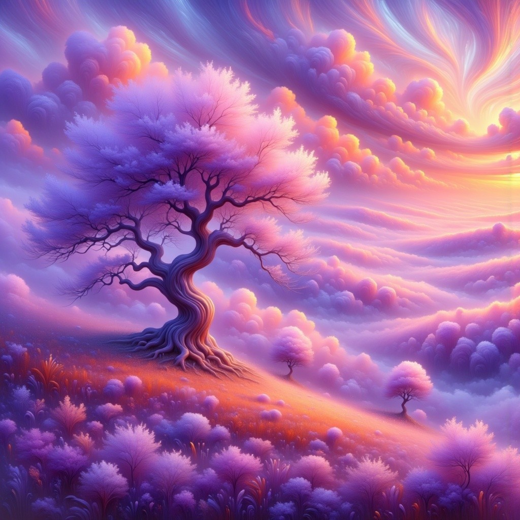 Vibrant landscape with solitary tree and colorful sky