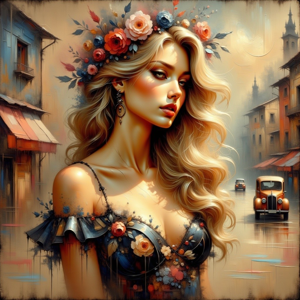 Woman in Floral Crown in Charming Street Scene