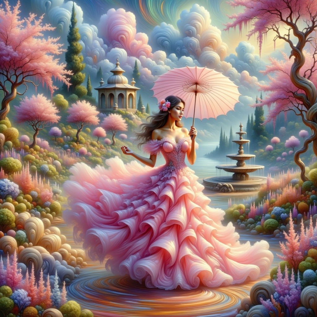 Whimsical Landscape with Woman in Pink Gown and Parasol