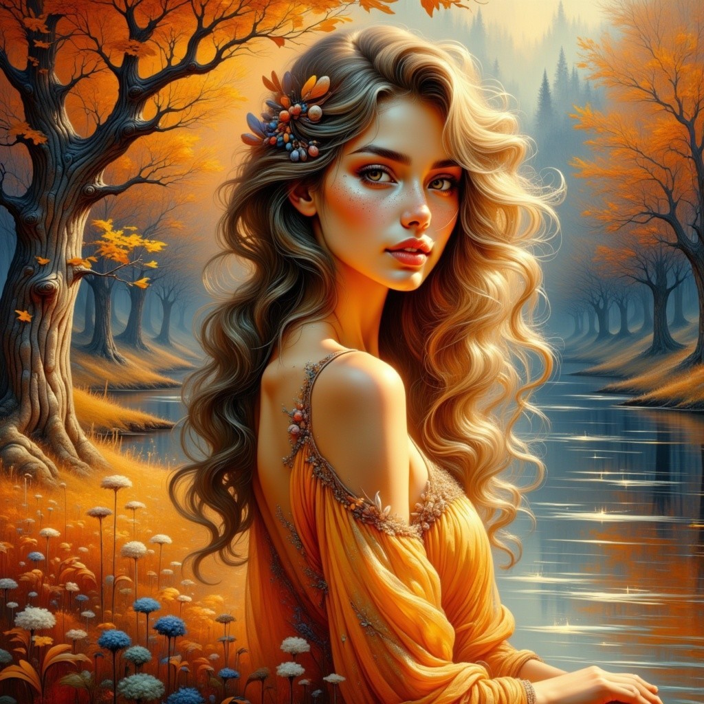 Autumn Landscape with Woman in Orange Dress