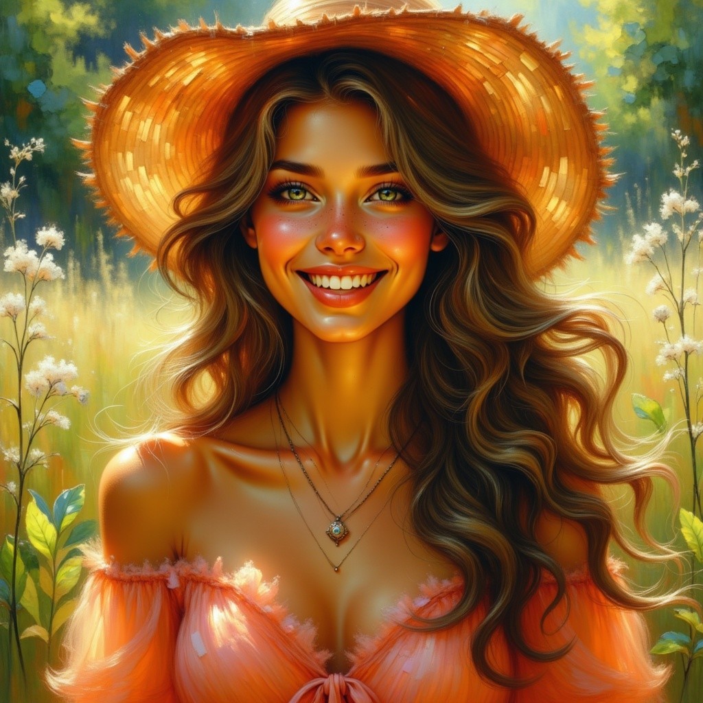 Young woman in sunlit meadow with wildflowers
