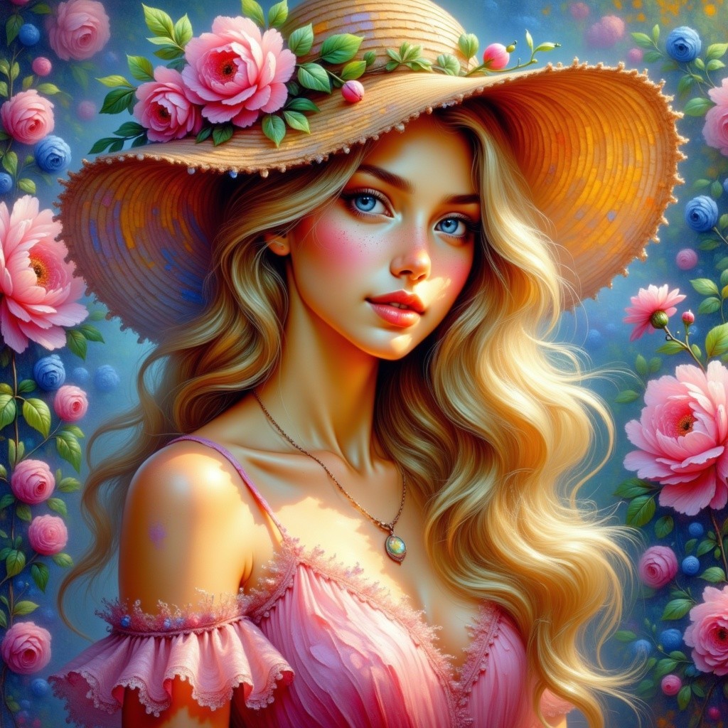 Young woman in pink dress with floral background