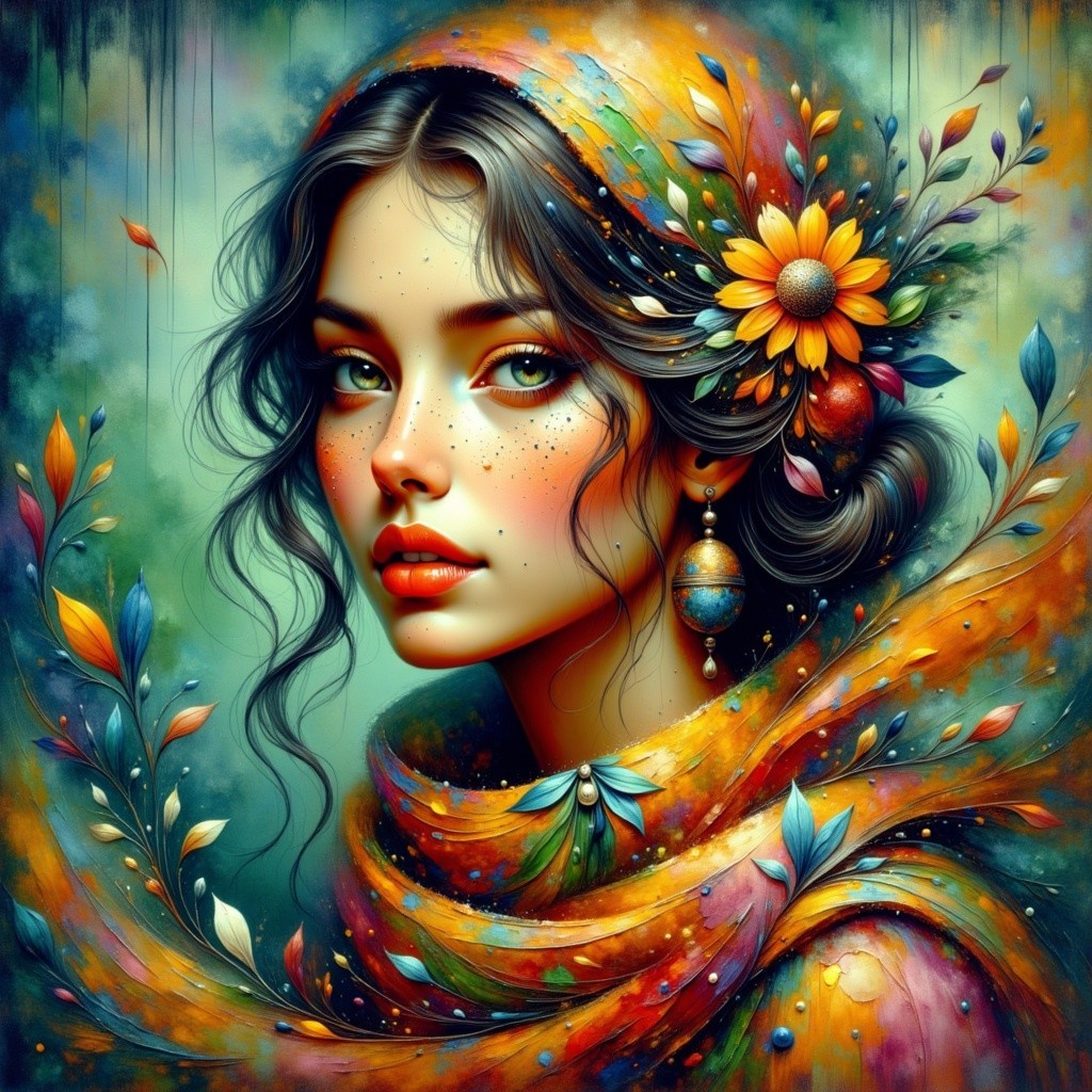 Portrait of a young woman with colorful scarf and flowers