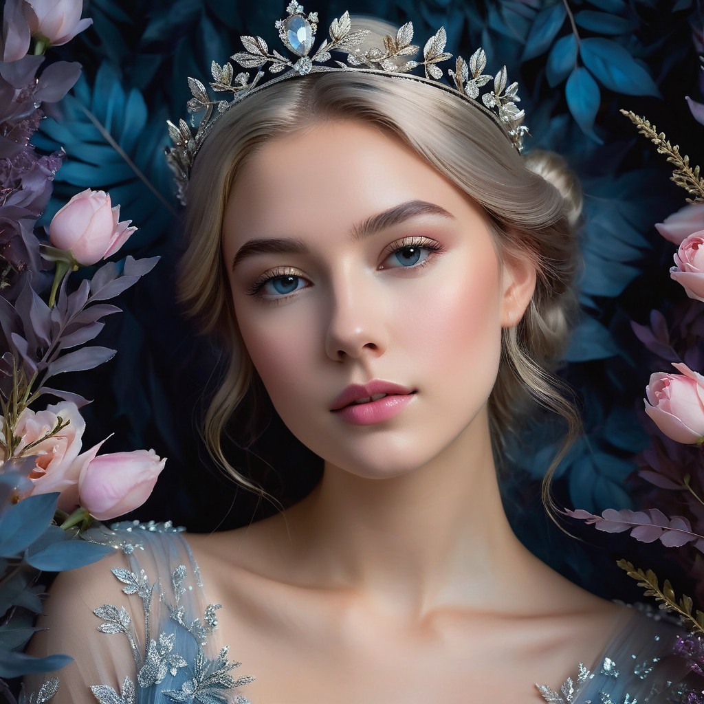 Young woman in crown amidst greenery and roses
