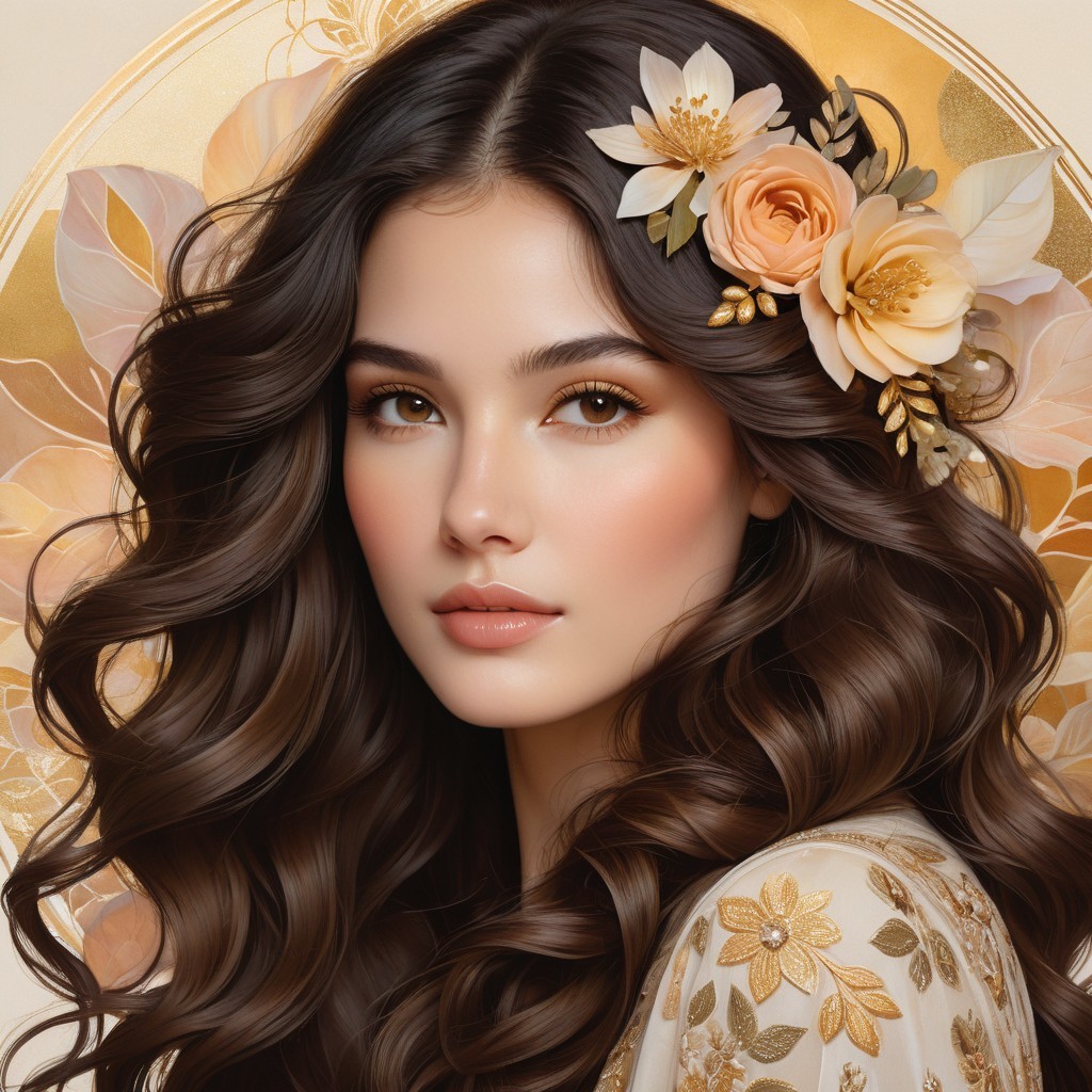 Young woman with floral accents and elegant features