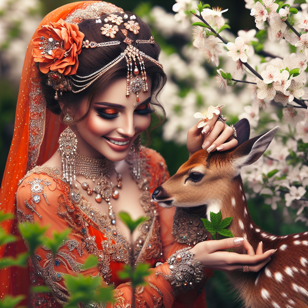 Woman in Orange Dress with Deer Among Flowers