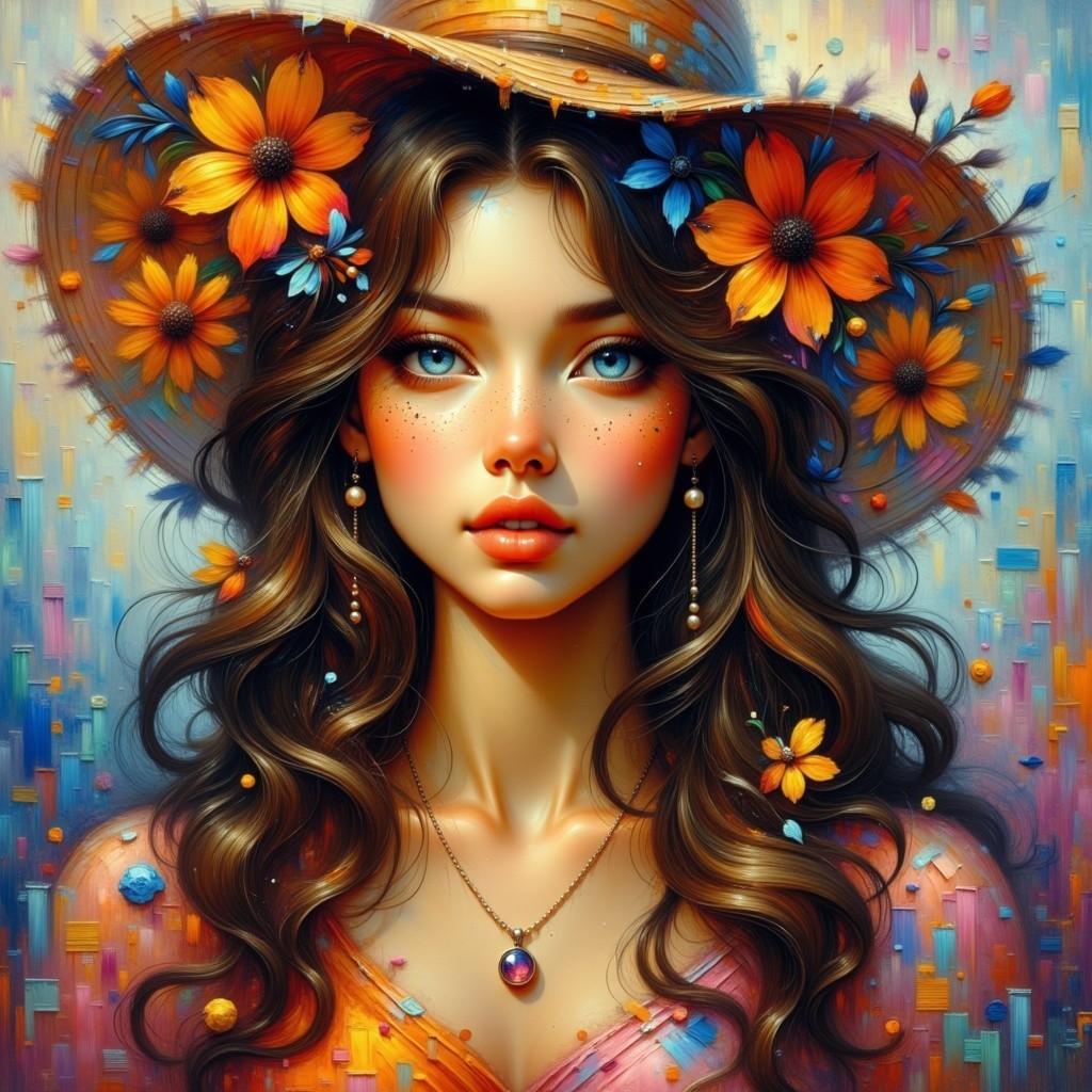 Young woman with floral hat and pastel outfit