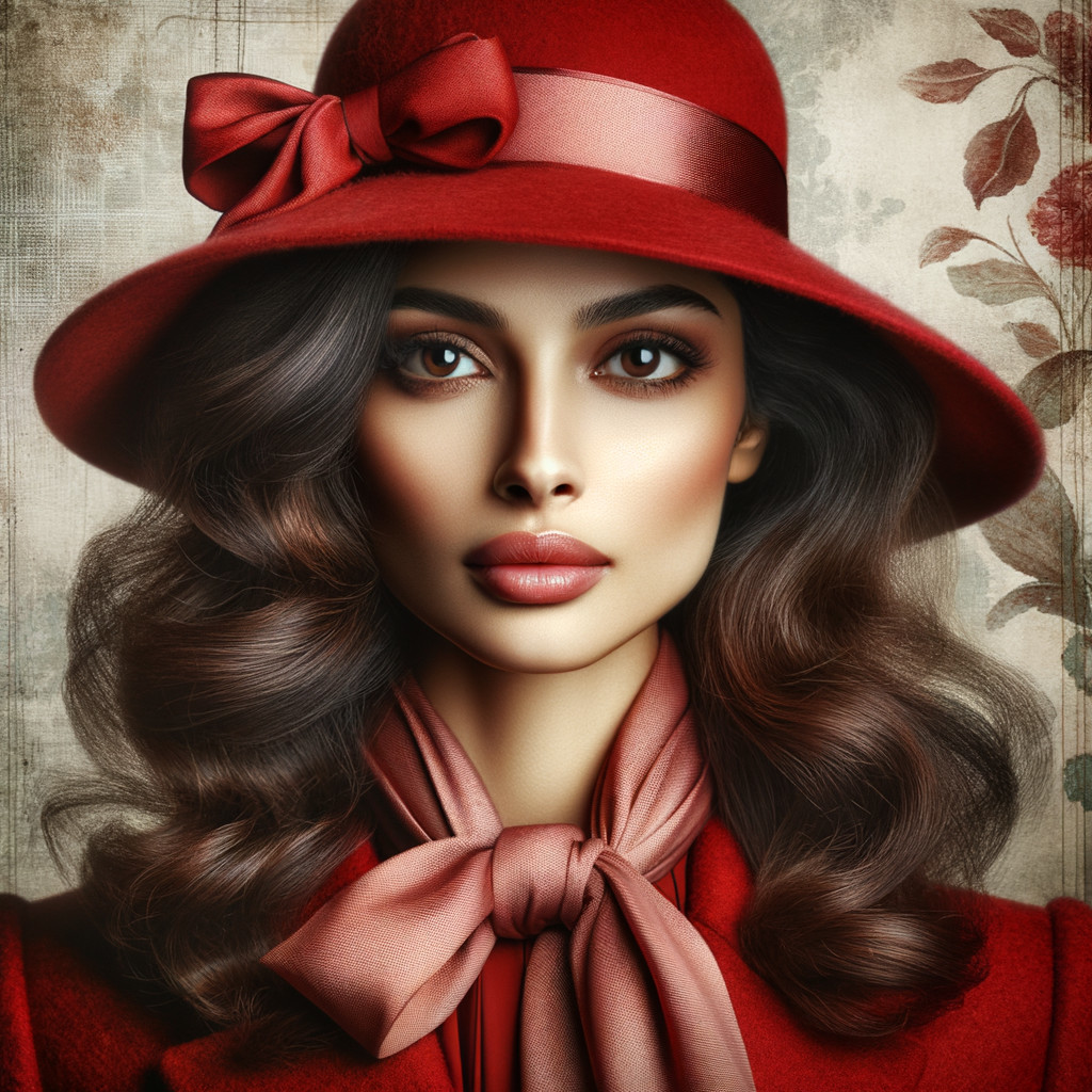 Portrait of a Woman in Red Hat and Elegant Outfit