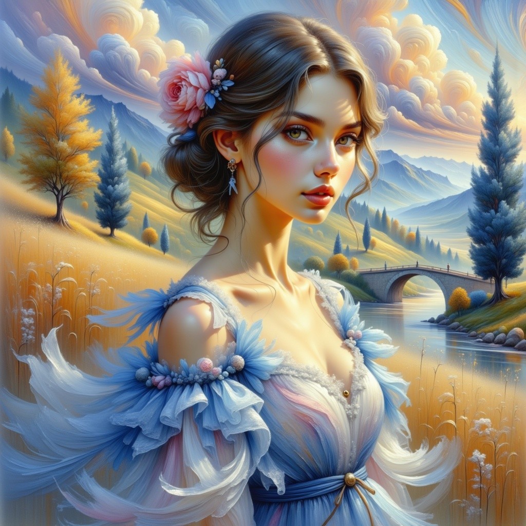 Young Woman in Ethereal Dress in Serene Landscape