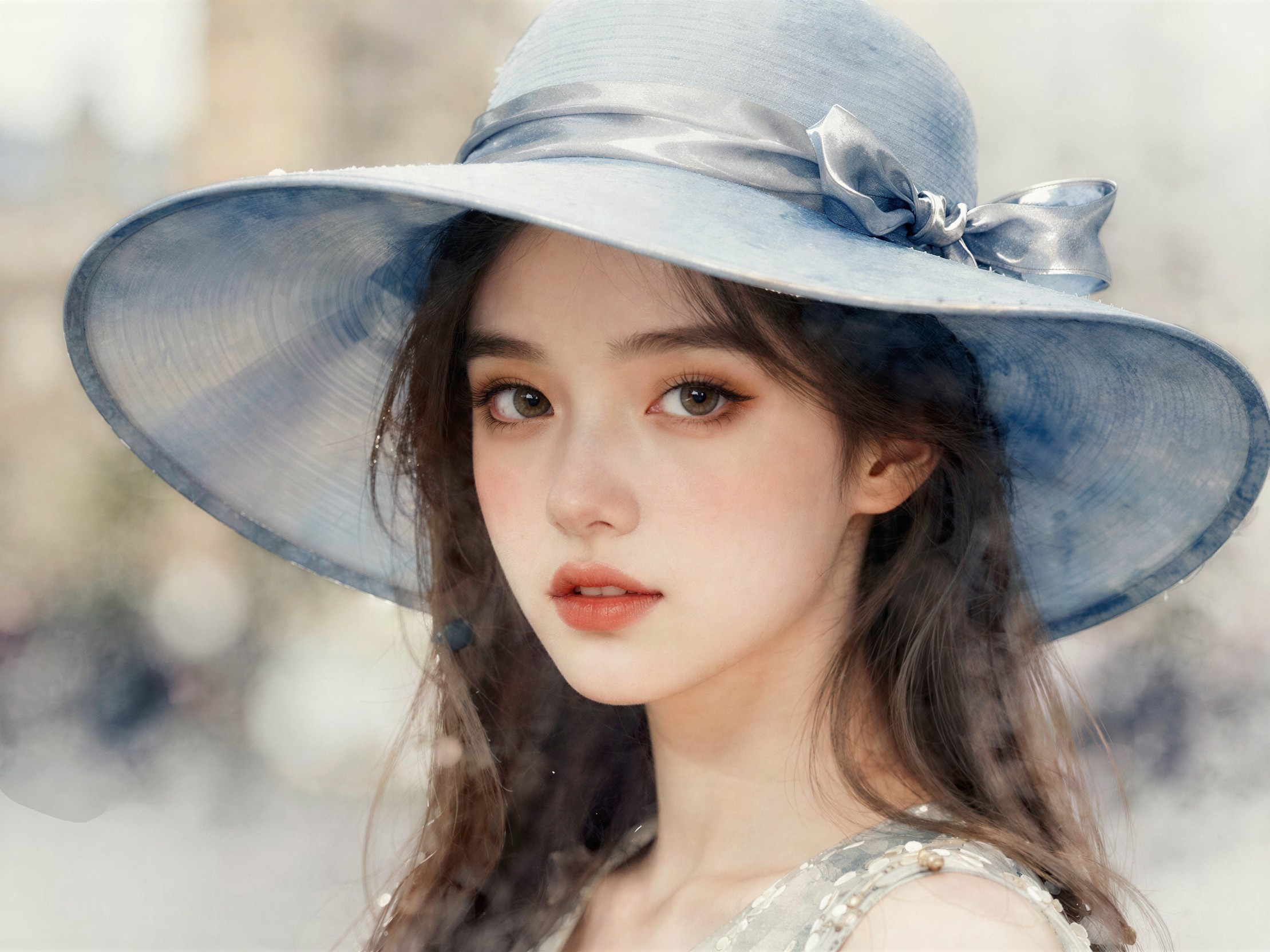 Close-up of a young woman in light blue attire