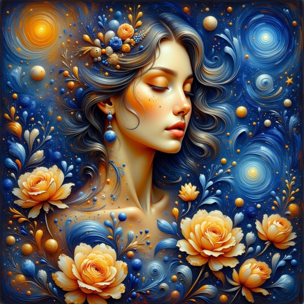 Serene Woman Surrounded by Flowers and Celestial Elements