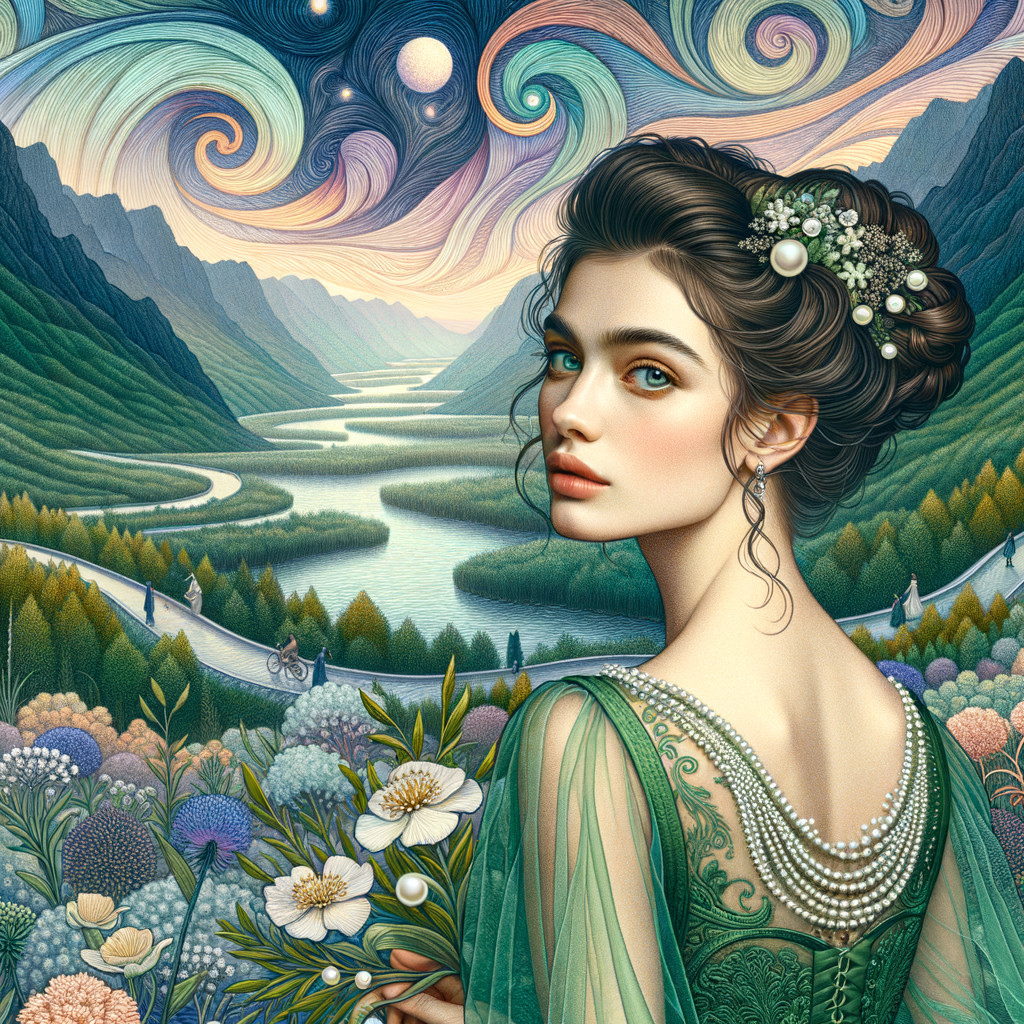 Elegant Woman in Green Gown Amidst Scenic Landscape