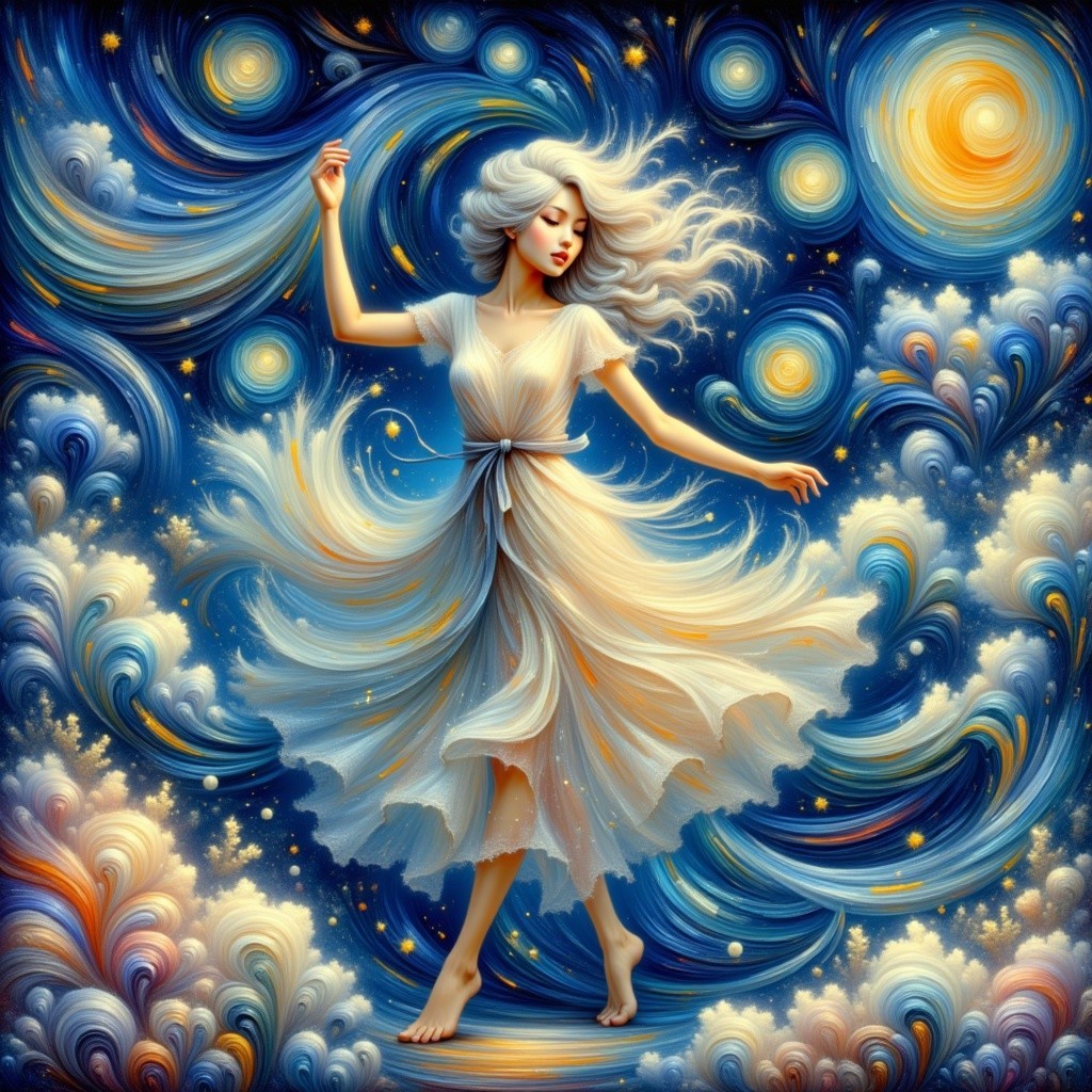Woman in White Dress Twirling Among Galaxies