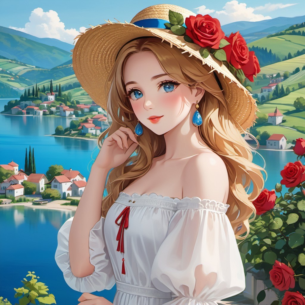 Young woman in white blouse by serene lake景