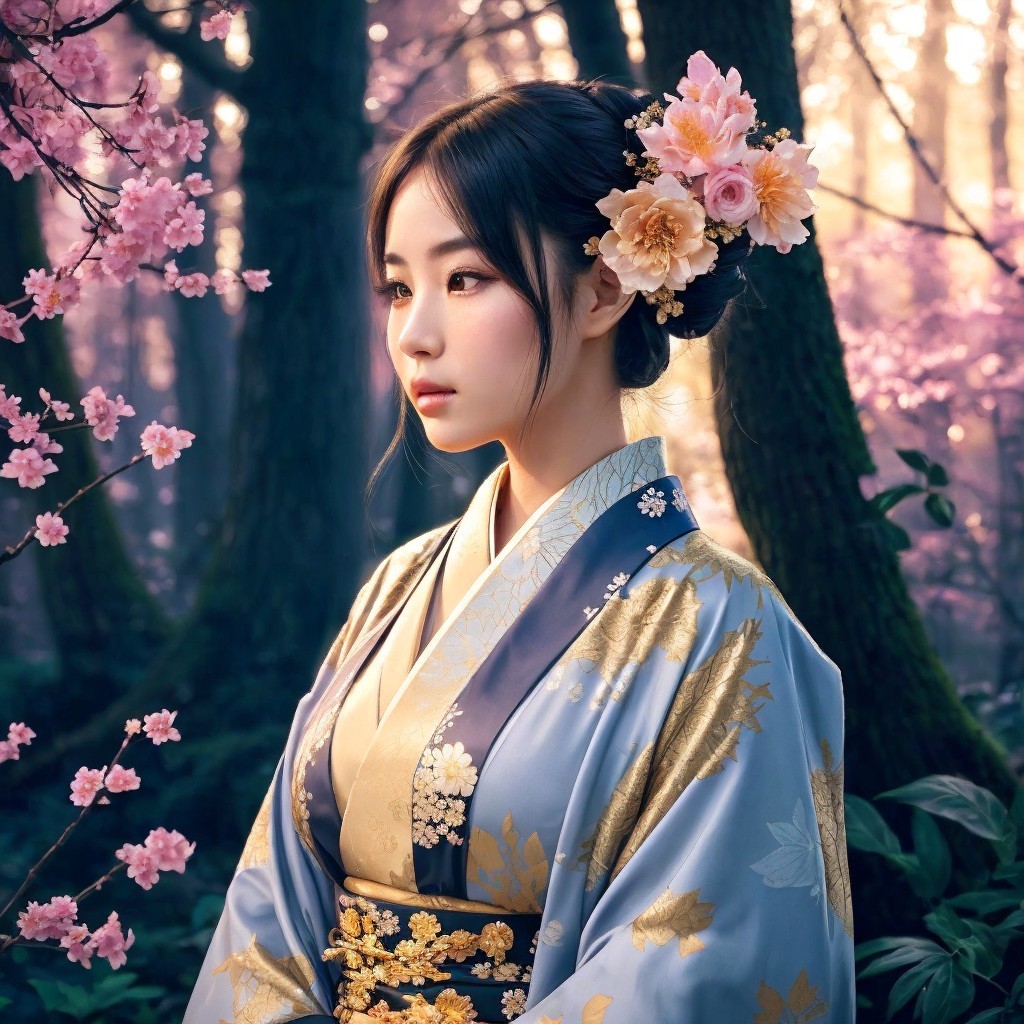 Young Woman in Blue Kimono Among Cherry Blossoms