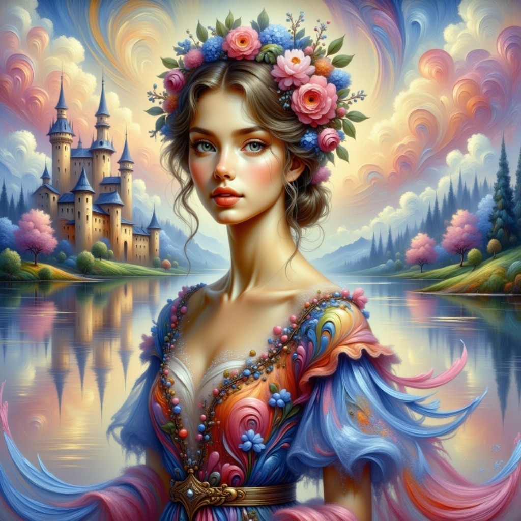 Young woman in floral crown by serene lake and castle