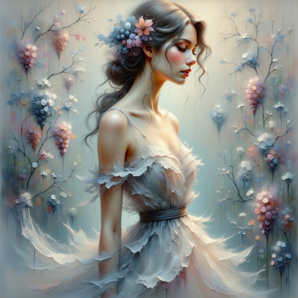 Ethereal Woman in Flowing Dress with Floral Background