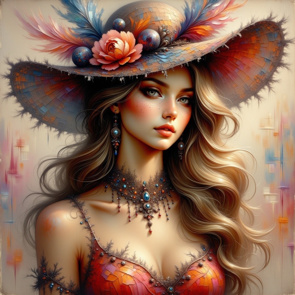 Woman with Feathers, Hat, and Sparkling Jewelry