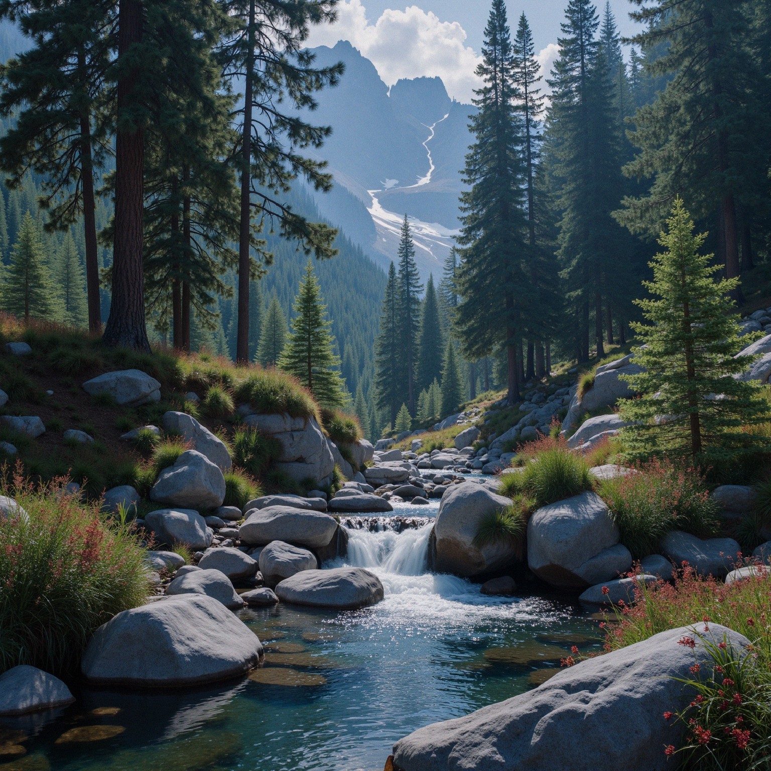 Serene Mountain Landscape with Stream and Pine Trees