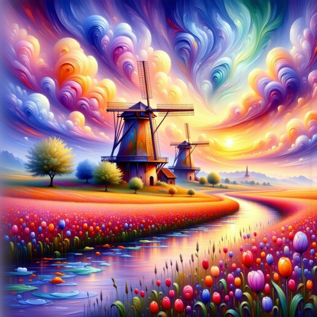 Vibrant Landscape with Windmills and Tulip Fields