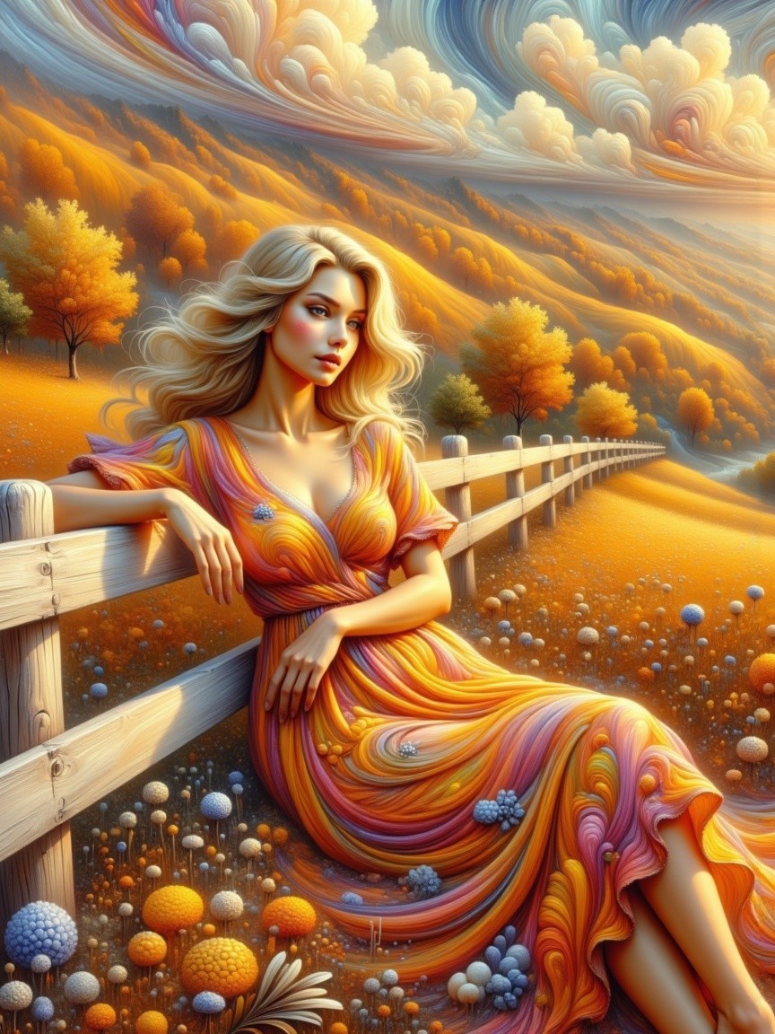 Serene Landscape with Young Woman in Colorful Dress