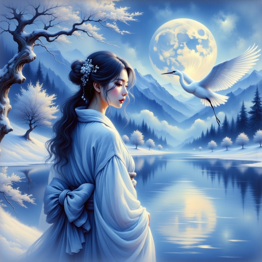 Winter Landscape with Woman by Tranquil Lake