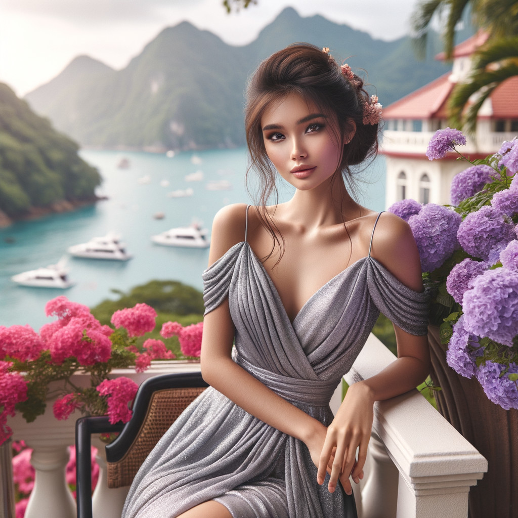 Young woman in silver dress on flower-adorned balcony