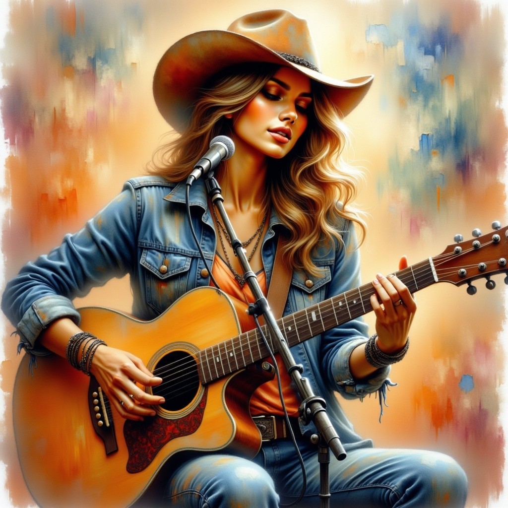 Woman in Cowboy Hat Playing Acoustic Guitar