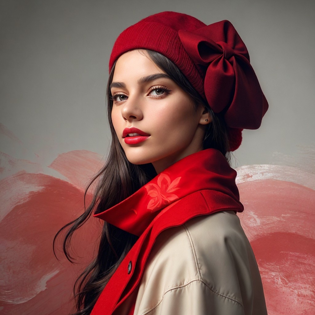 Model in Red Beret and Cream Coat with Bold Makeup
