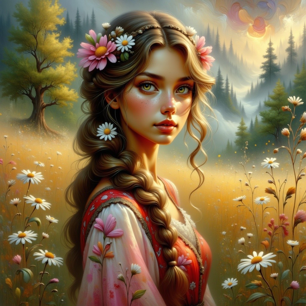 Young Woman in Floral Meadow with Embroidered Dress