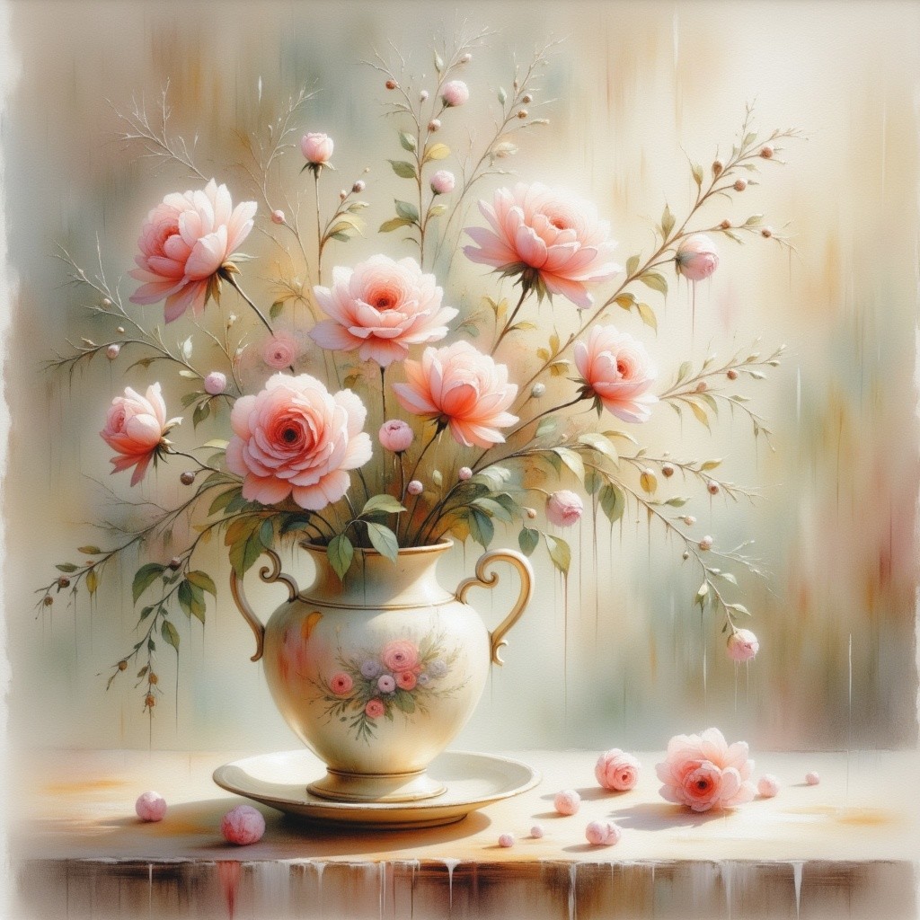 Pink Roses in Ornate Vase on Soft Background