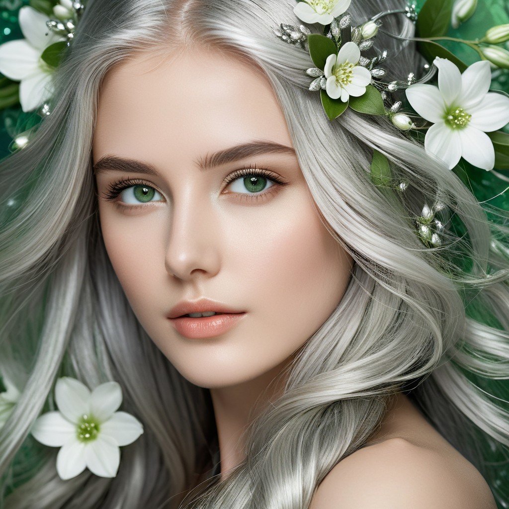 Portrait of a fair-skinned woman with silver-blonde hair