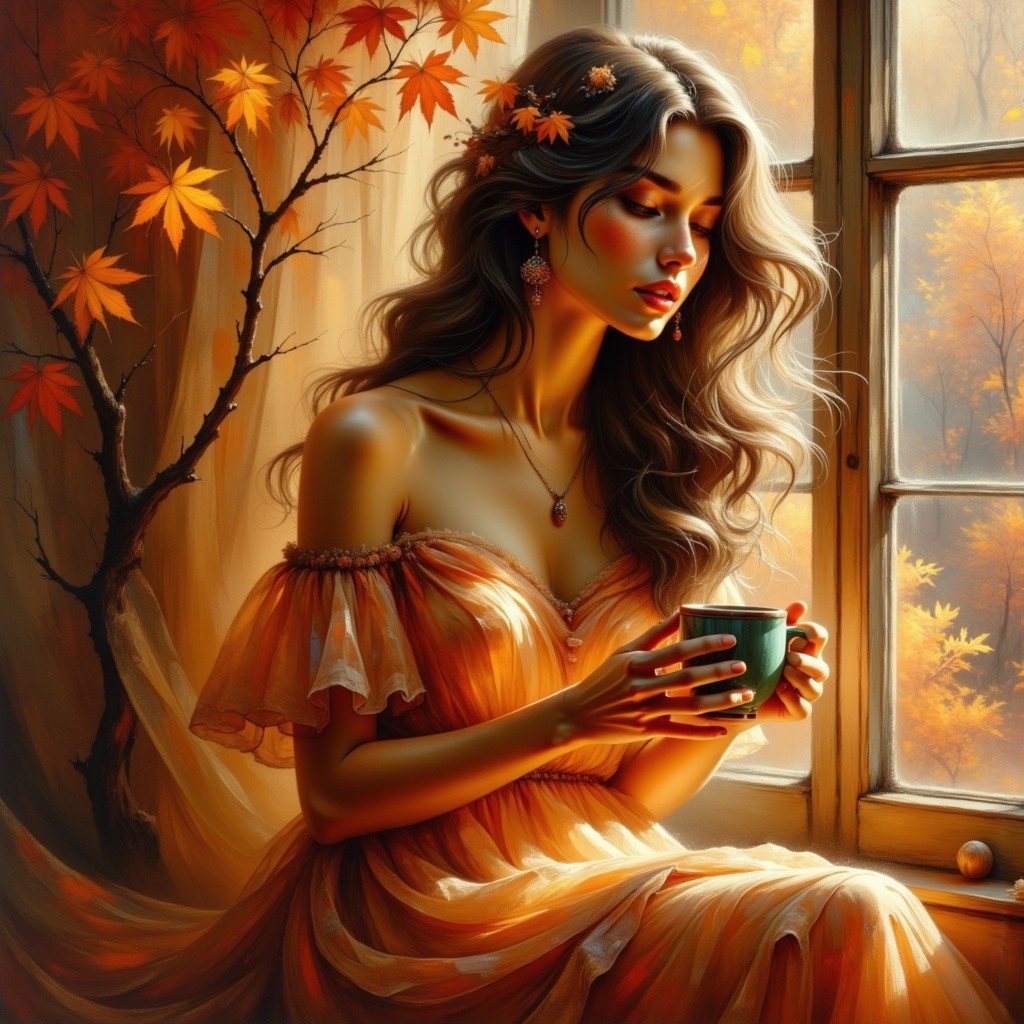 Serene Woman in Orange Dress by Sunlit Window