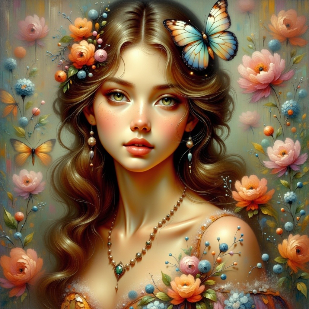 Portrait of a Woman with Flowers and Butterfly
