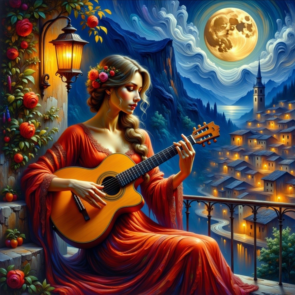 Young Woman in Red Dress Playing Guitar on Balcony