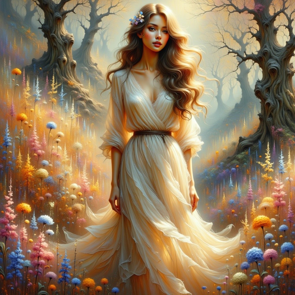 Serene Young Woman in Dreamlike Floral Landscape