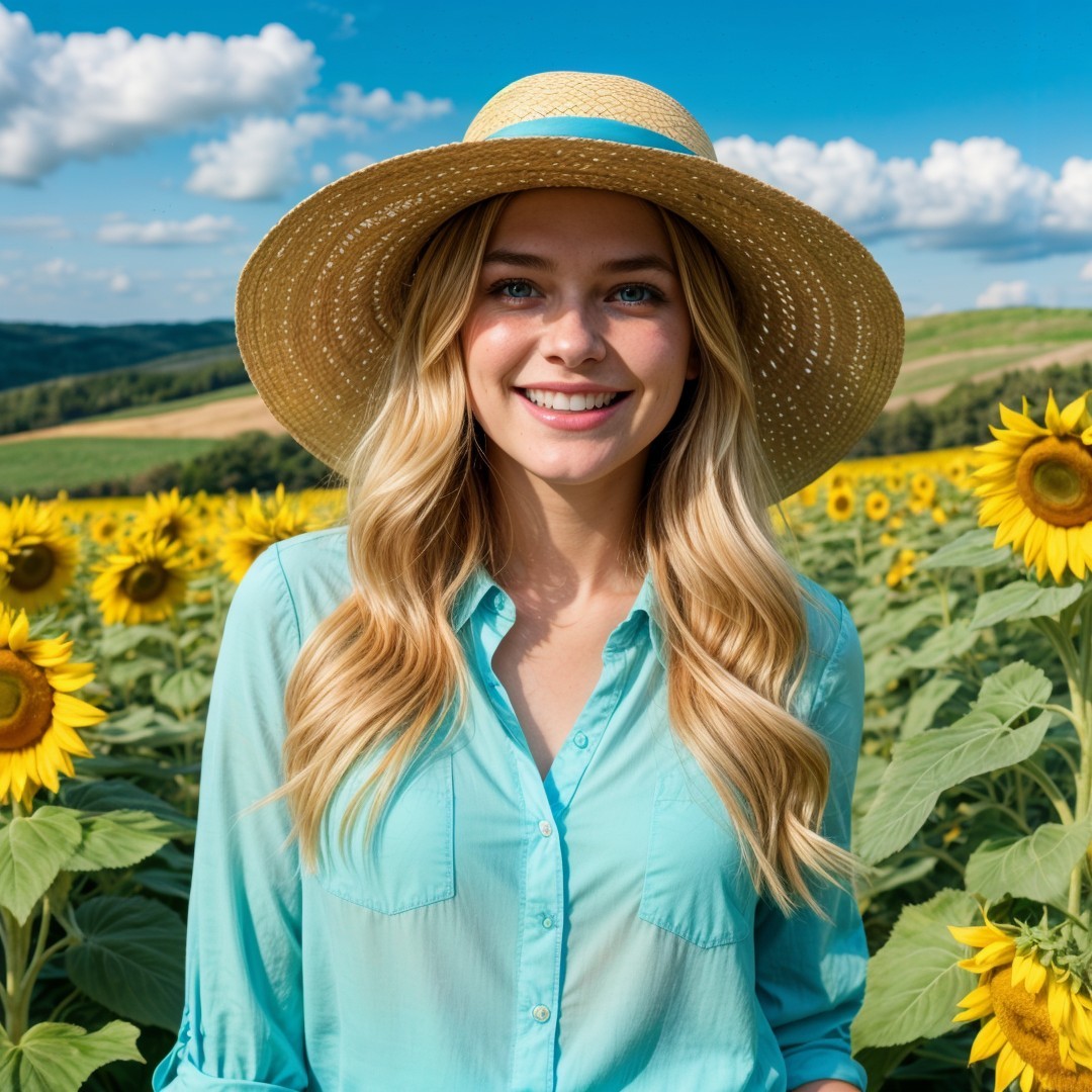 Young Woman in Sunflower Field with Blue Sky