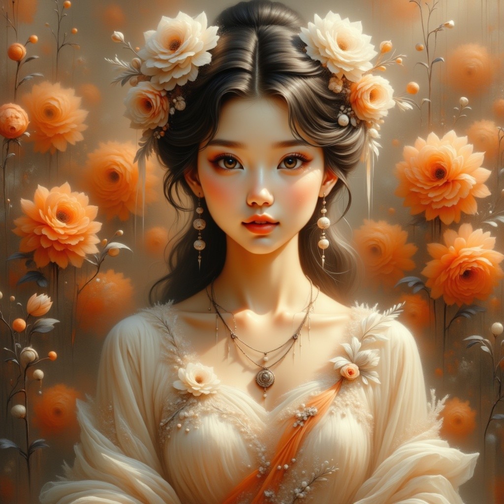 Young woman in floral gown with vibrant background