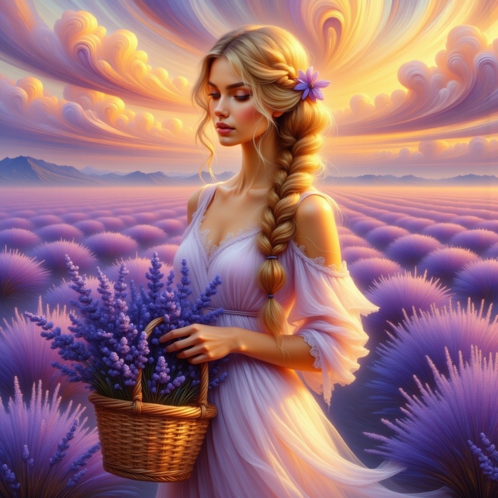 Young Woman in Lavender Field at Twilight