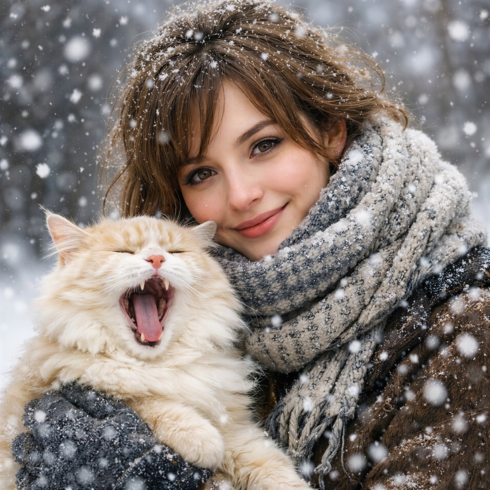Young woman with cat in snowy winter scene