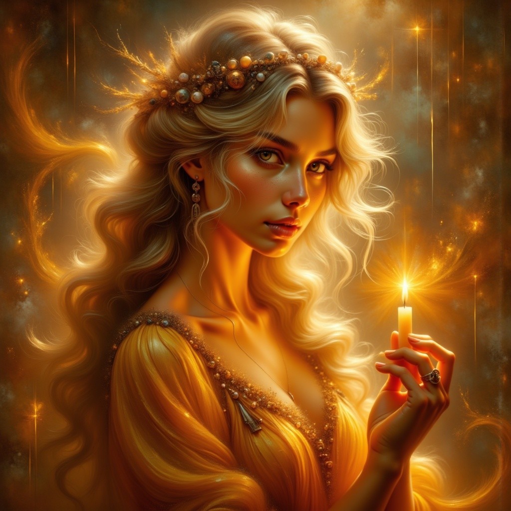 Portrait of a woman with golden hair and candlelight