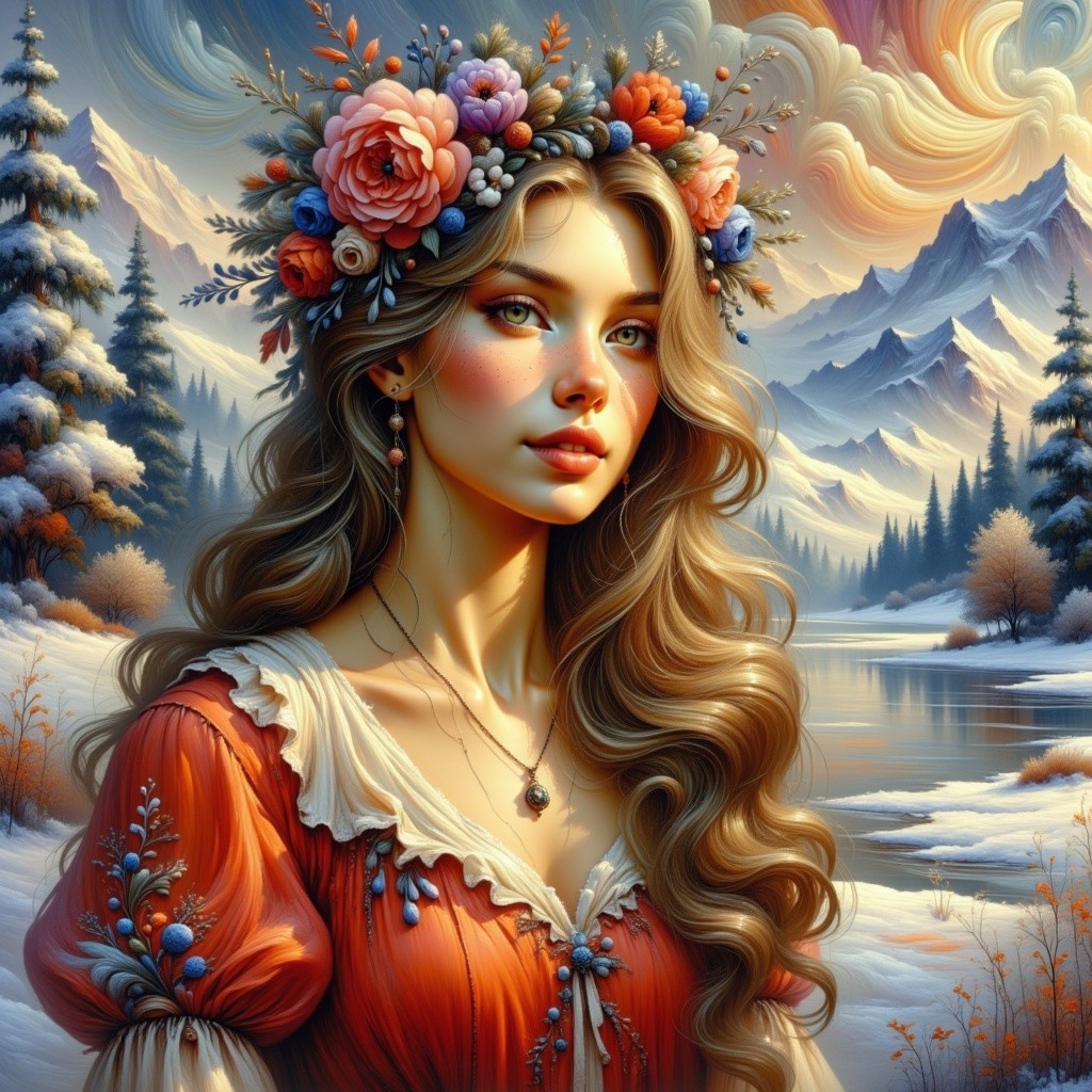 Young woman in floral crown in winter landscape